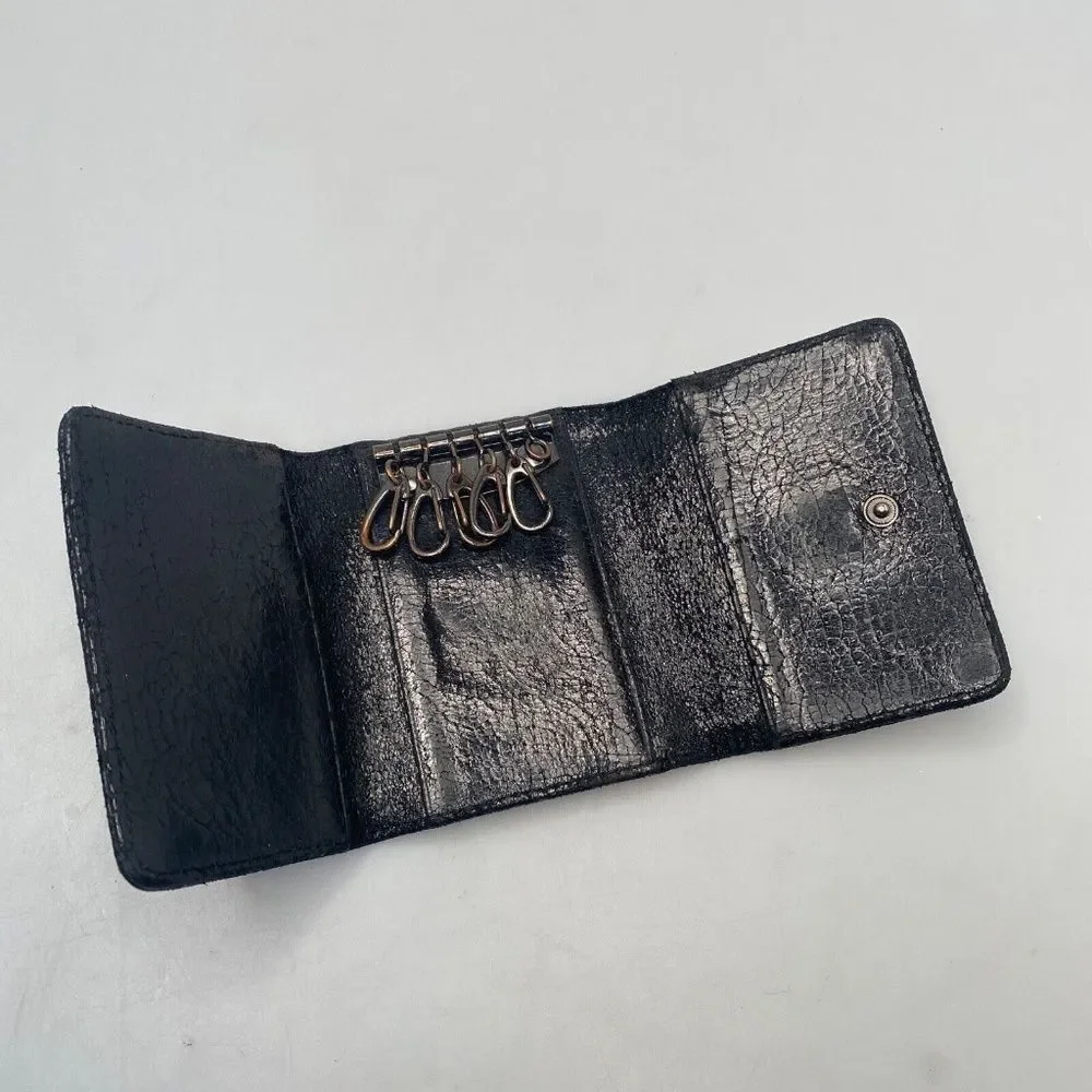 Tory Burch Black Leather Tri-Fold Key Case Mini Wallet – EUC, 5 Hooks, Crackle F